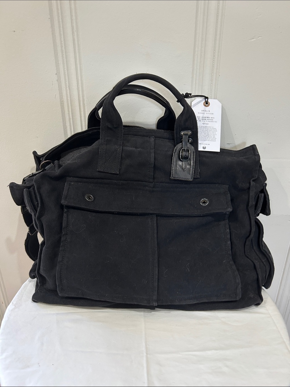 Men's Black Canvas Duffel Bag with Front Pockets